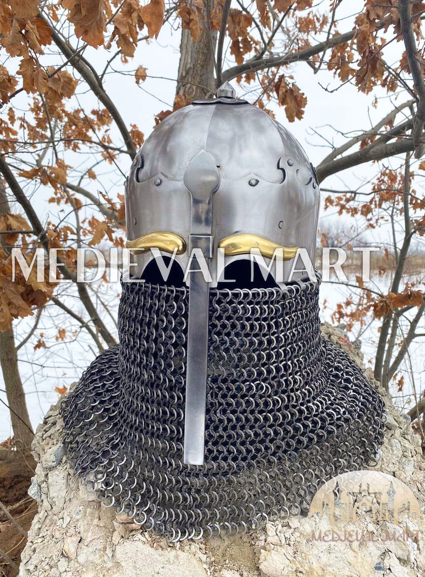 MEDIEVALMART 13th-Century Medieval Nasal Bascinet Chain Mail Helmet