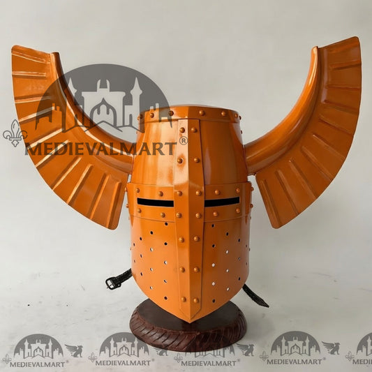 MEDIEVALMART Casque médiéval de chevalier templier teutonique finition orange avec support offert