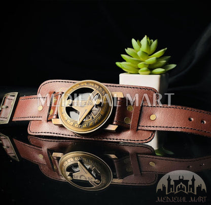 MEDIEVALMART Nautical Custom Engraved Sun Clock Compass Hand Watch Gold Finish W/H Leather Strap | Gift For Him