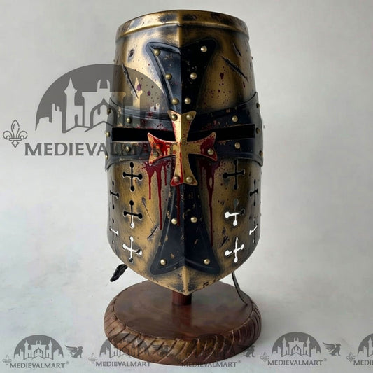 MEDIEVALMART Casque de chevalier templier croisé endommagé doré avec finition sang et support gratuit