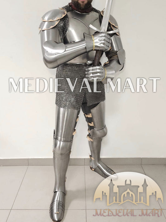 MEDIEVALMART 14th-Century Authentic Combat Full Plate Armor W/H Sword & Chainmail Inner