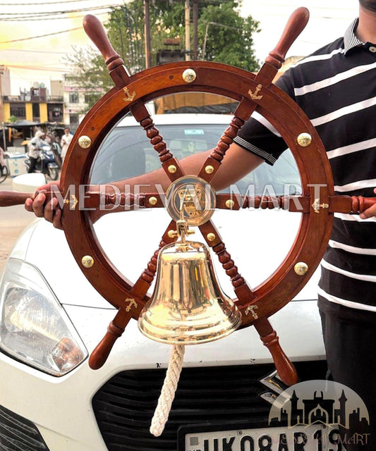 MEDIEVALMART Nautical Wooden "Brown" Ship Wheel With Brass Bell for Wall Decor