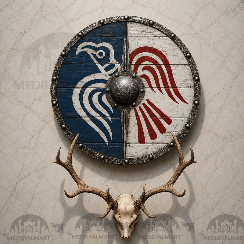 MEDIEVALMART Viking Blue/White Odin’s Raven Banner Shield, Gift for Him