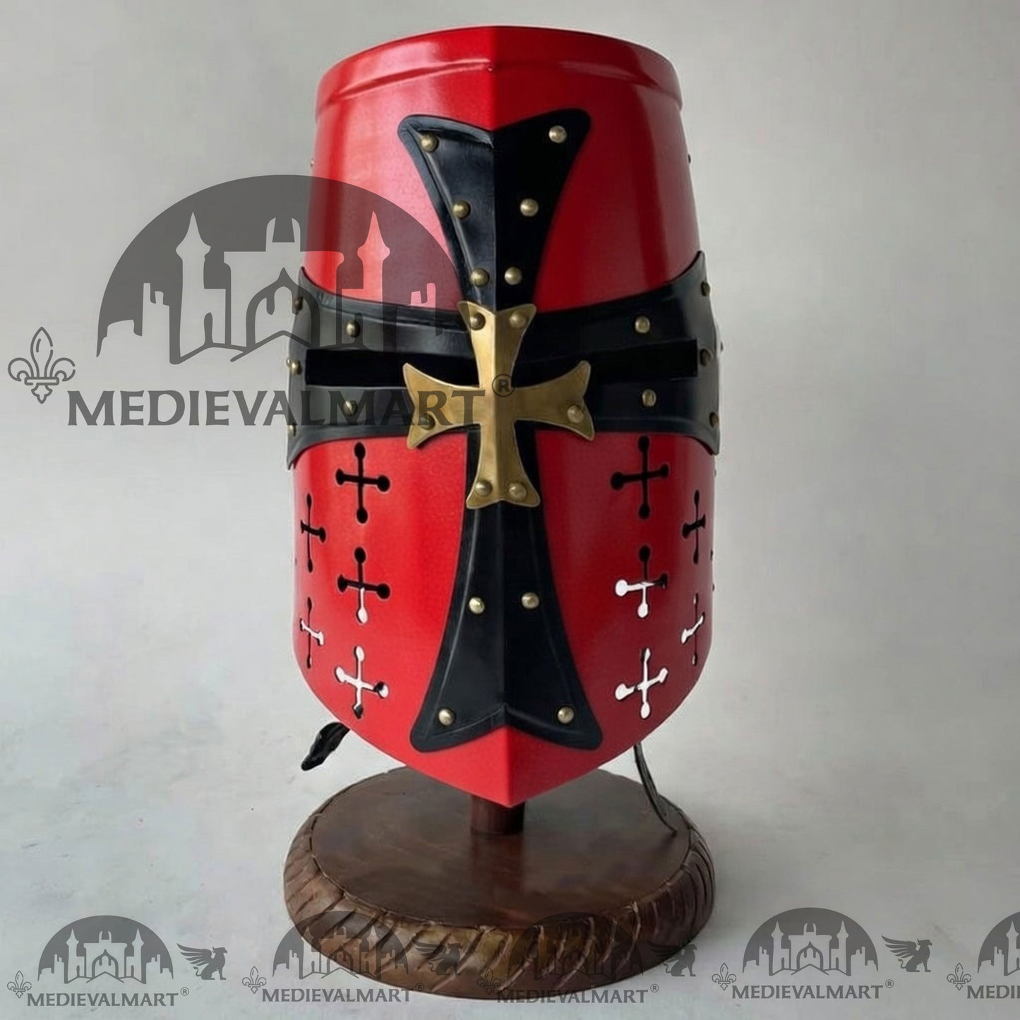 MEDIEVALMART Special Templar Crusader Knight Red Finish Helmet W/H Free Stand