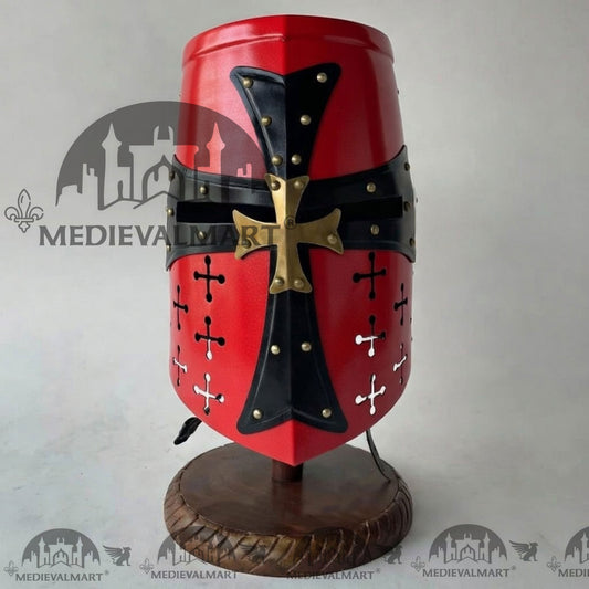 MEDIEVALMART Casque de Chevalier Templier Croisé Finition Rouge avec Support Gratuit