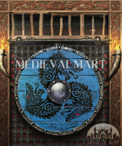 MEDIEVALMART Viking's Fenrir Blue Athena’s Authentic  Battleworn Viking Wooden Shield | Gifts For Dad