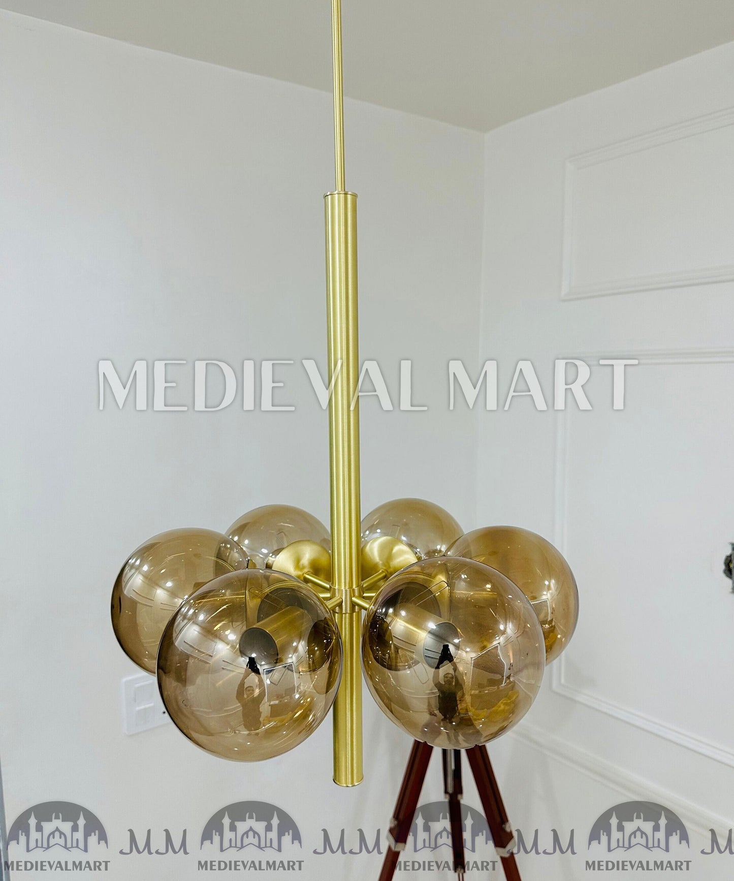 MEDIEVALMART Handmade Brass 6-Arm Glass Ball Chandelier Mid-Century Modern Light