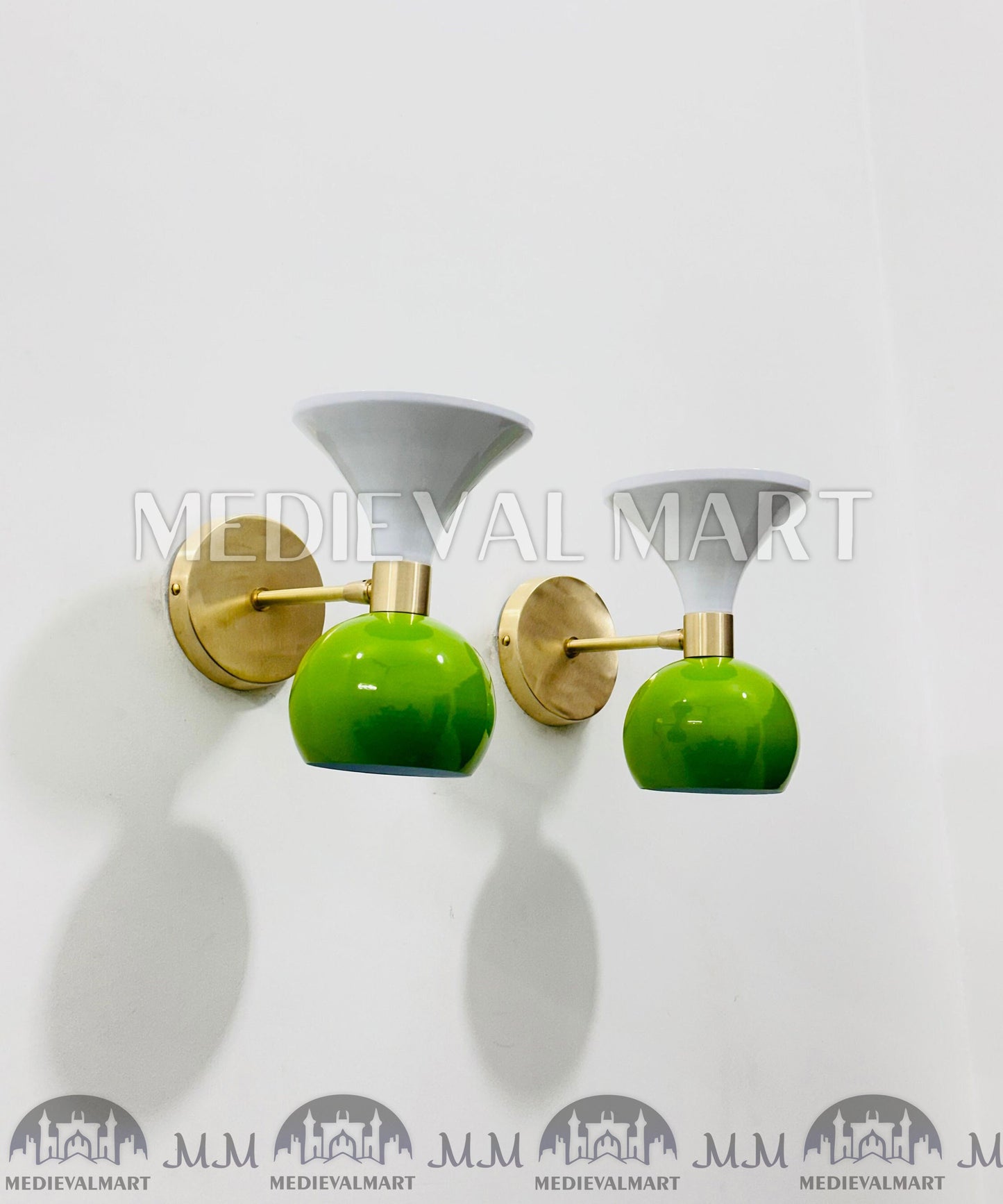 MEDIEVALMART Mid-Century Modern Brass Diabolo Wall Sconce - Green & White - Pair