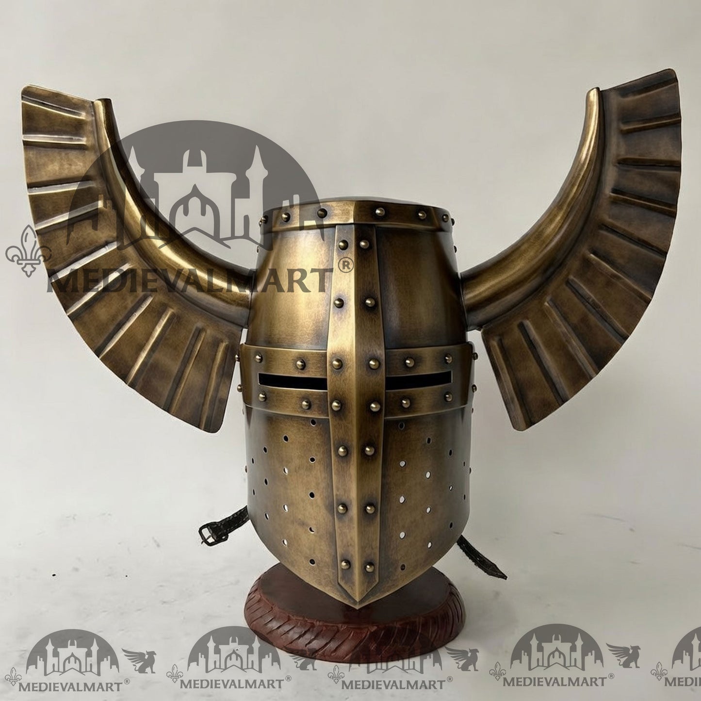 MEDIEVALMART Medieval Templar Warrior Teutonic Antique Gold Finish Wing Helmet with Free Stand