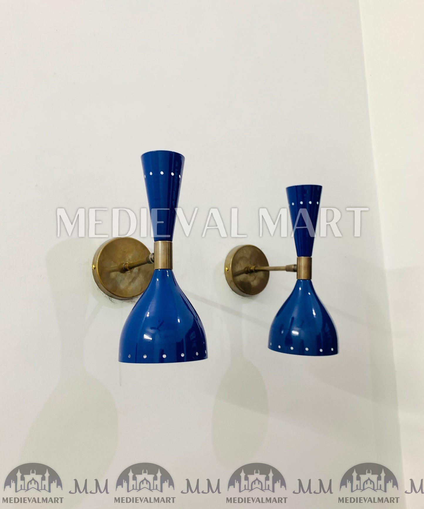 MEDIEVALMART Italian Brass Wall Sconce: Mid Century Modern Shiny Blue Light Fixture
