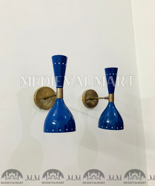 MEDIEVALMART Italian Brass Wall Sconce: Mid Century Modern Shiny Blue Light Fixture