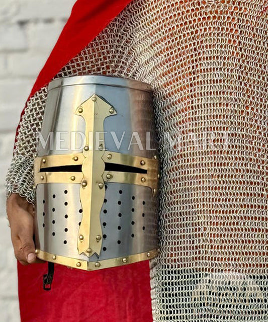 MEDIEVALMART Medieval Sivler Knight Templar Crusader Helmet W/H Brass Deco for LARP or Cosplay - Gift For Dad