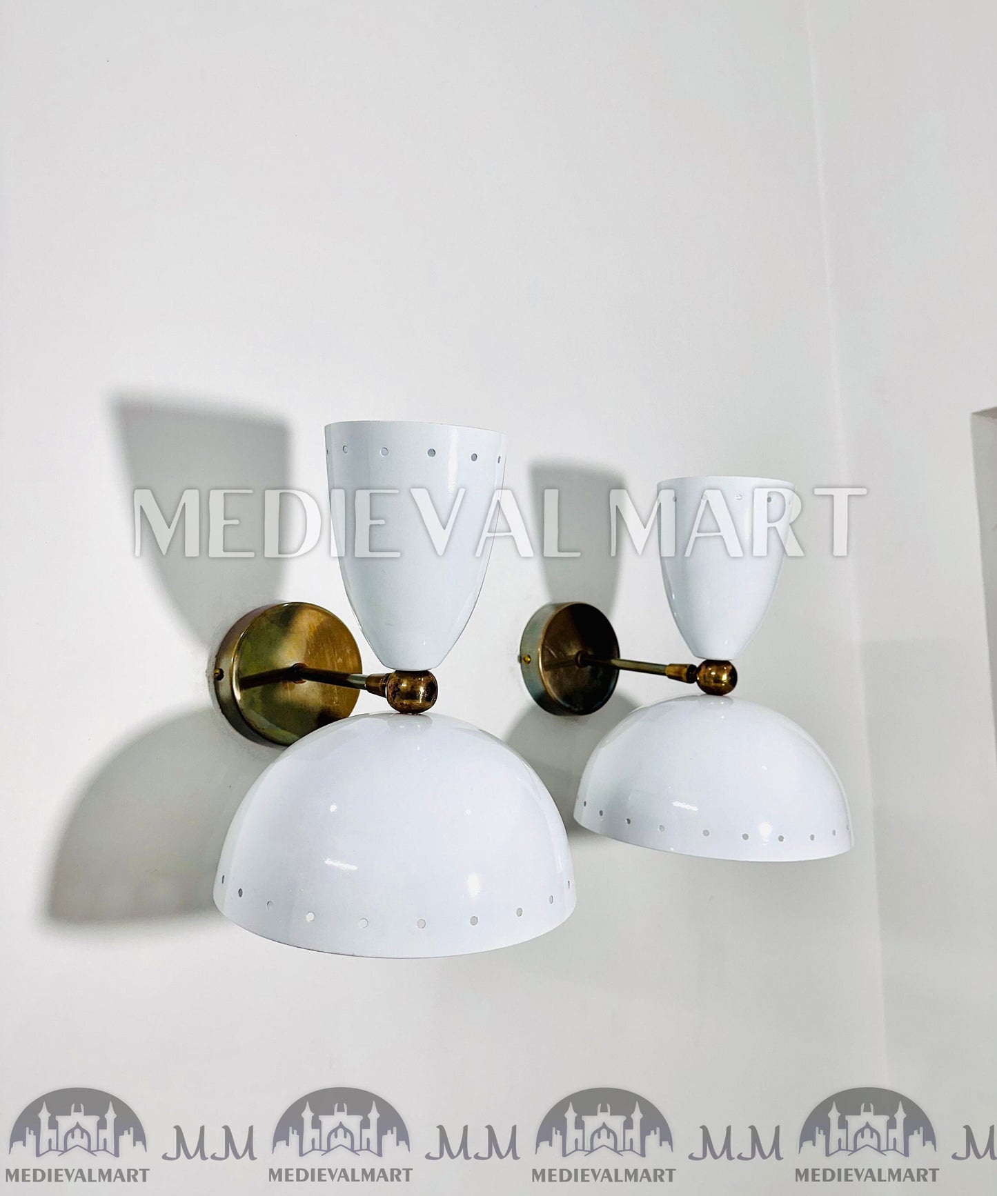 MEDIEVALMART Raw Brass Italian Mid Century Wall Sconces, White Bowl Lighting Pair
