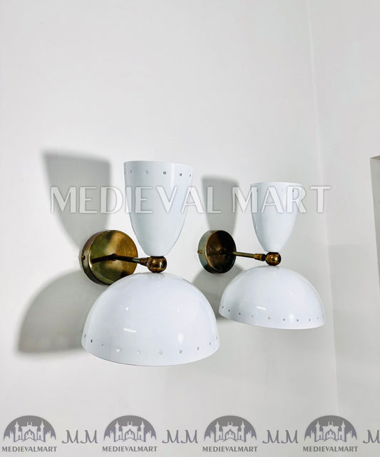 MEDIEVALMART Raw Brass Italian Mid Century Wall Sconces, White Bowl Lighting Pair