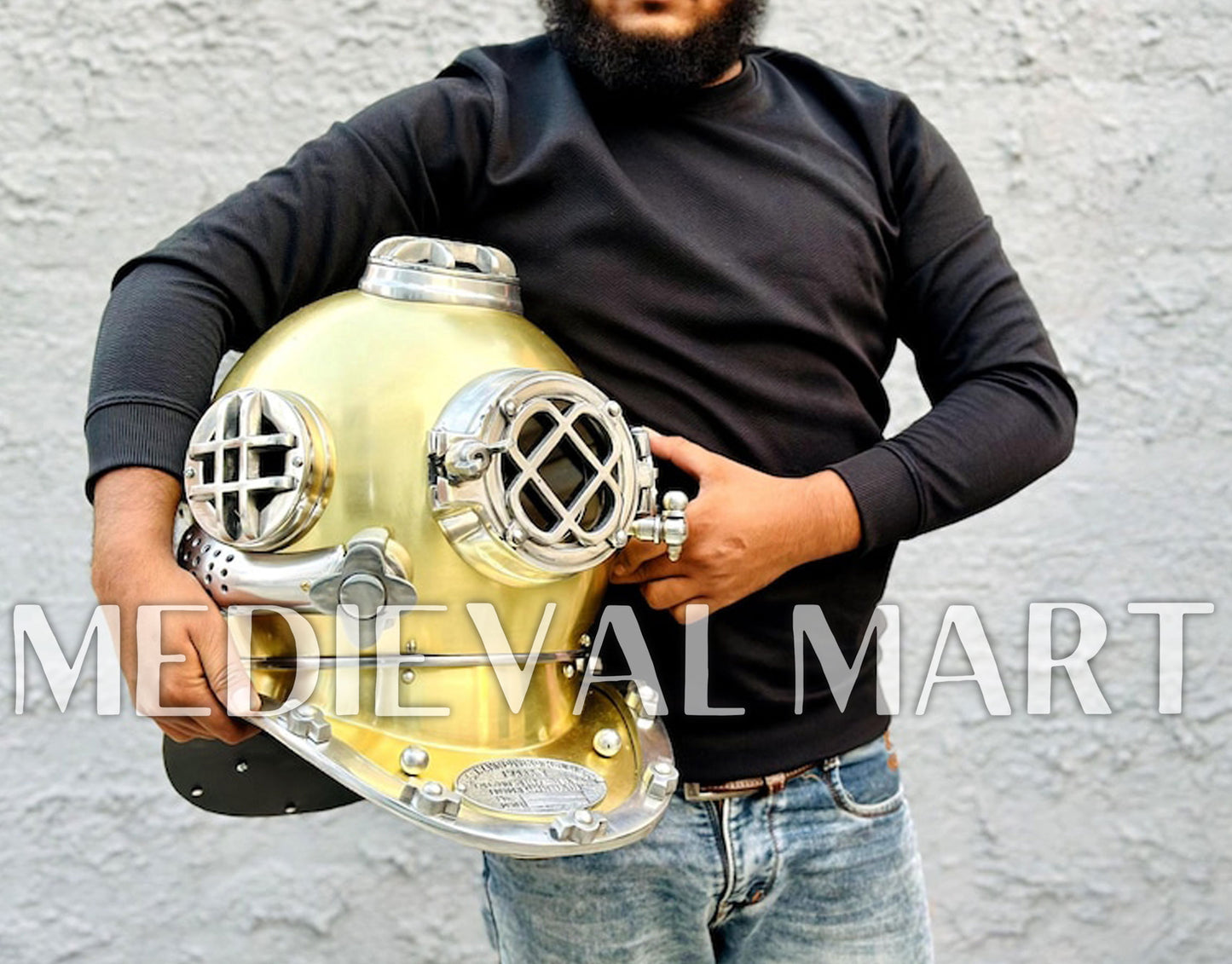 MEDIEVALMART Golden Green Diving Helmet With Wooden Base