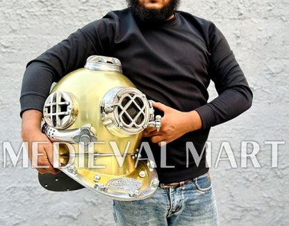MEDIEVALMART Golden Green Diving Helmet With Wooden Base