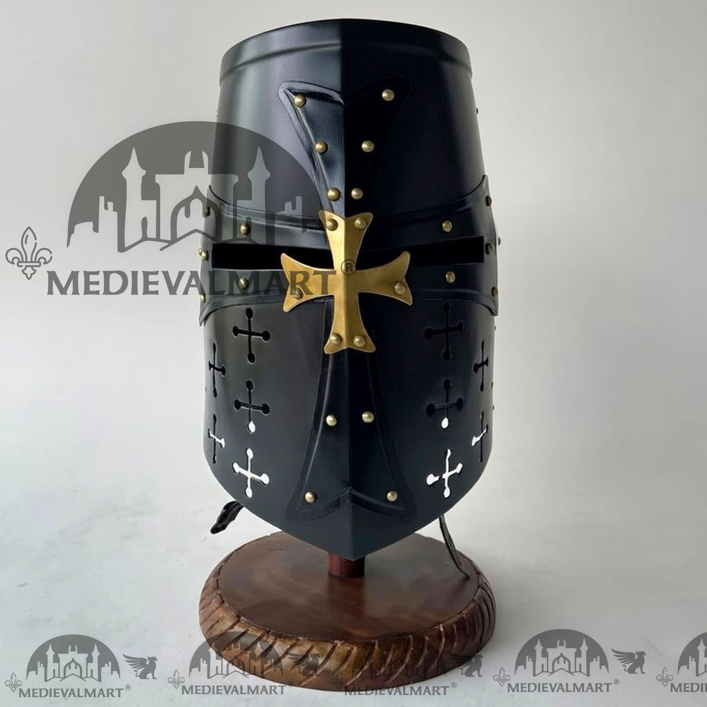 MEDIEVALMART Special Templar Crusader Knight Black Finish Helmet W/H Free Stand