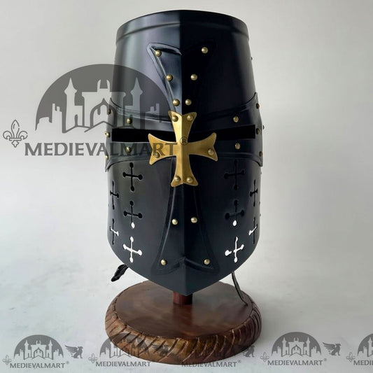 MEDIEVALMART Casque de chevalier templier croisé finition noire avec support gratuit