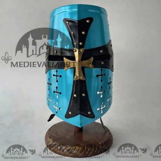 MEDIEVALMART Casque de chevalier templier croisé finition bleu aqua avec support gratuit