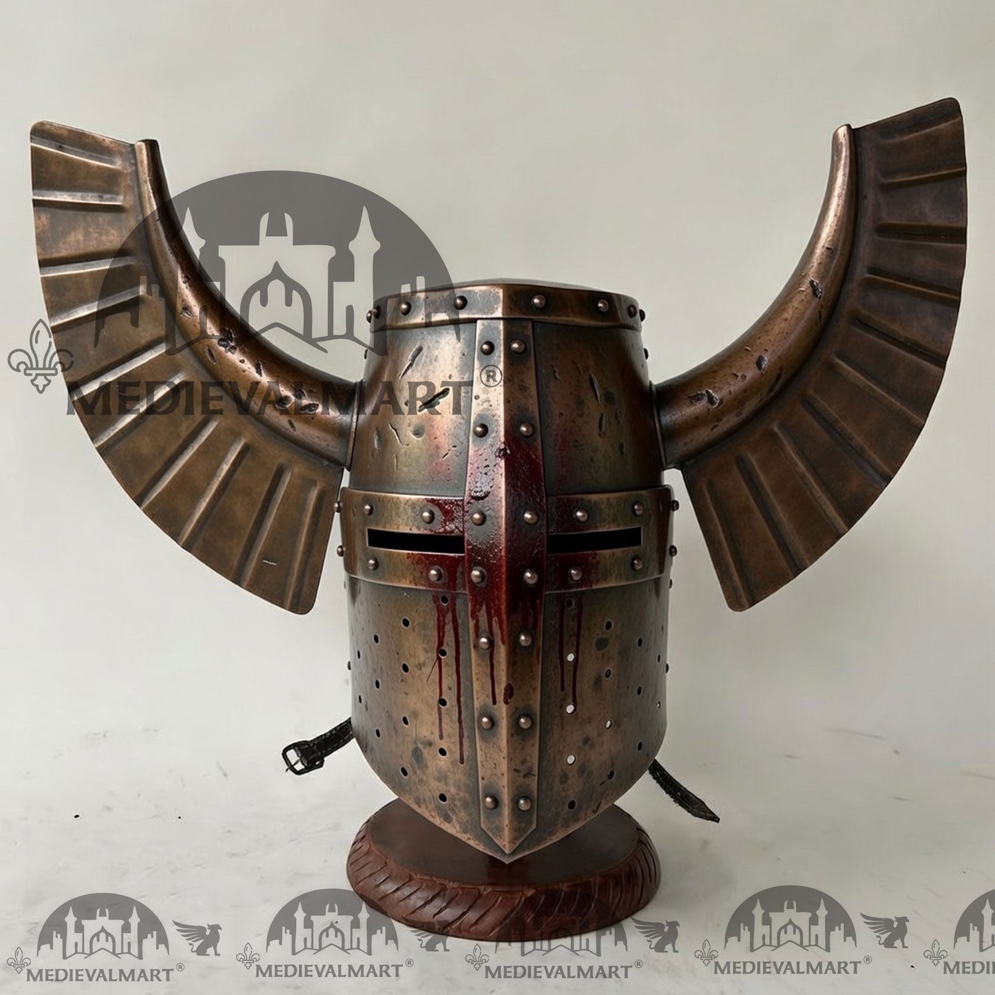 MEDIEVALMART Medieval Templar Warrior Teutonic Damage Copper W/H Blood Finish Wing Helmet with Free Stand