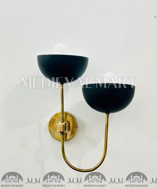 MEDIEVALMART Handmade Brass Mid Century Wall Sconce - Matte Black Bowl Sconce