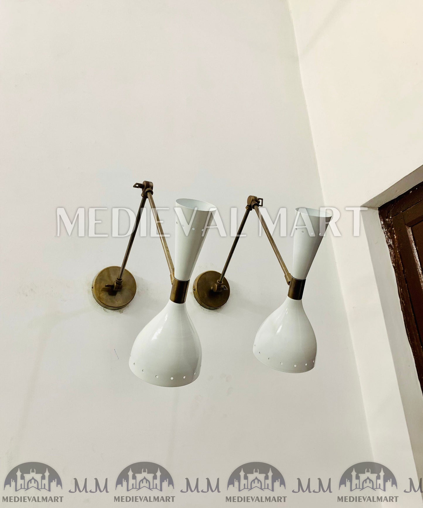 MEDIEVALMART Mid Century Italian Stilnovo Brass Wall Sconce Pair Lighting