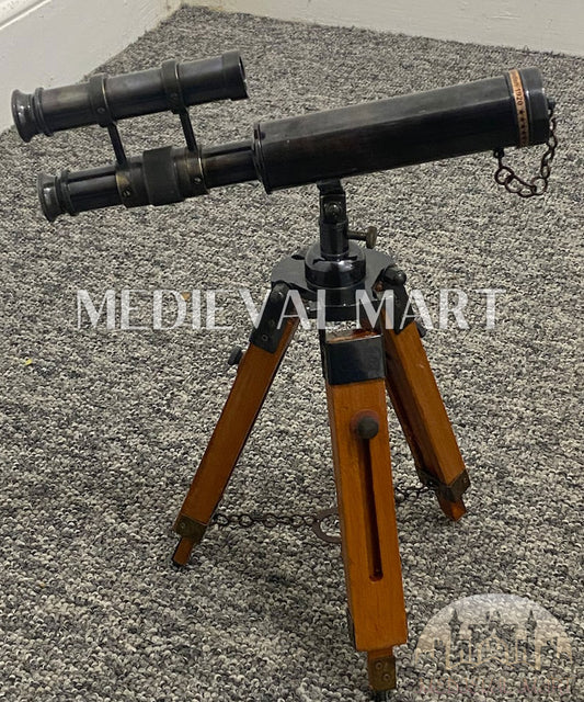 MEDIEVALMART Nautical Telescope 10 Inch Double Barrel Solid Brass Spyglass With Wooden Tripod