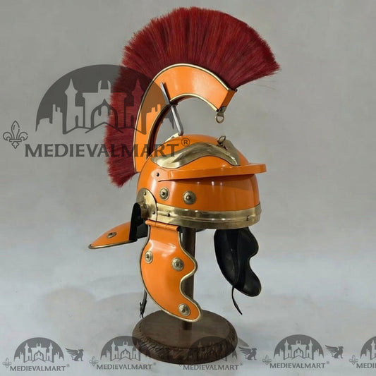 MEDIEVALMART Casque de Centurion Romain Gauloise Orange avec panache rouge et support inclus