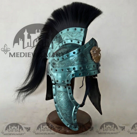 MEDIEVALMART Casque de centurion romain médiéval finition bleu aqua avec panache noir ou support en bois gratuit