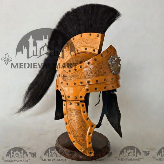 CASQUE MEDIEVALMART Médiéval Romain Centurion Finition Orange avec Panache Noir ou Support en Bois Offert