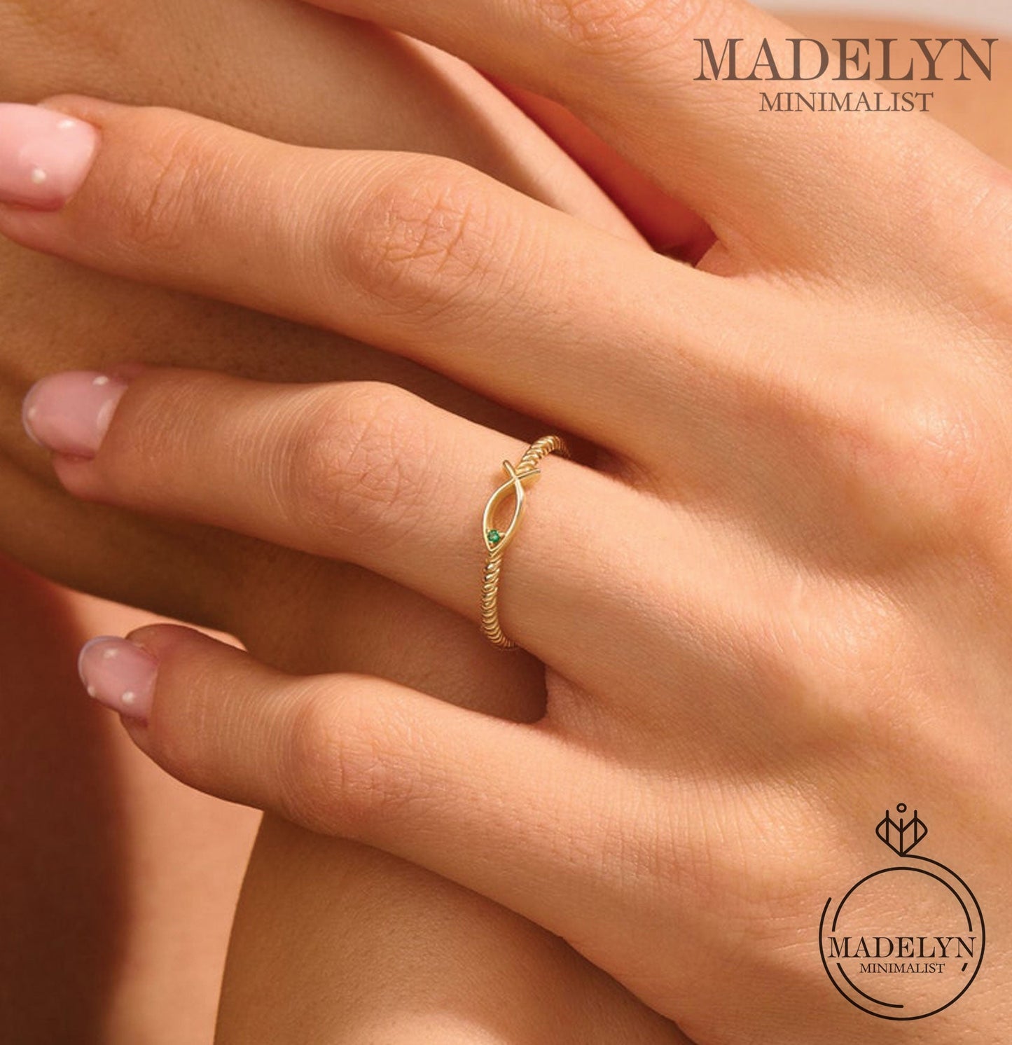 MADELYN MINIMALIST 14k Solid Gold Ichthus Ring, Dainty Christian Ring, Tiny Emerald Ring | Gift for Mom, Grandma