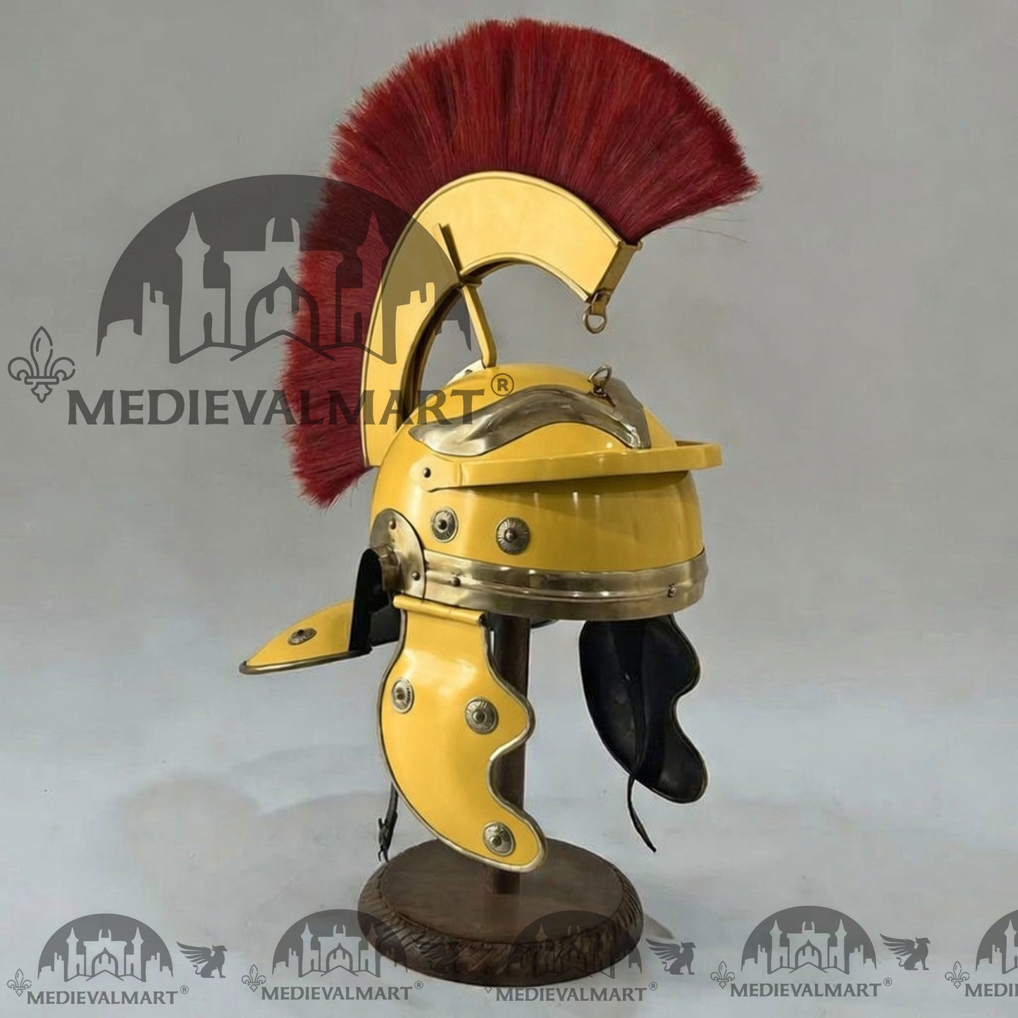MEDIEVALMART Gallic Roman Centurion Yellow Finish Helmet Replica Red Plume with Free Stand