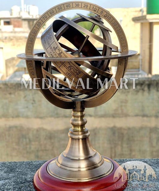 MEDIEVALMART Handmade Engraved Brass Armillary Sphere with Wooden Base – Vintage Marine Decor Globe
