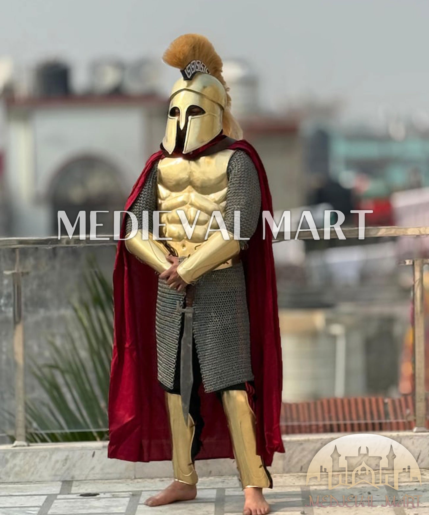 MEDIEVALMART Medieval Spartan Greek Full Costume Gold Finish with chainmail