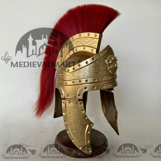 MEDIEVALMART Casque de centurion romain médiéval finition or avec panache rouge ou support en bois gratuit