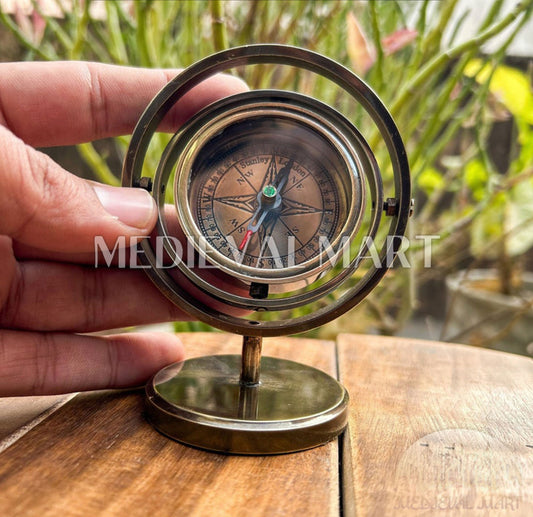 MEDIEVALMART Personalized Antique Gimbal Working Compass Antique Finish | Gift For Her & Him
