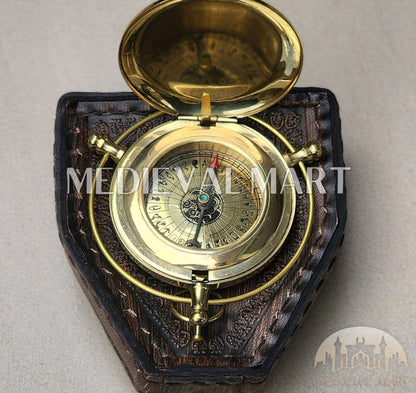 MEDIEVALMART Alethiometer Inspired Engraved Brass Pocket Compass Gold Finish W/H Leather Case | Gift For Mom, Dad