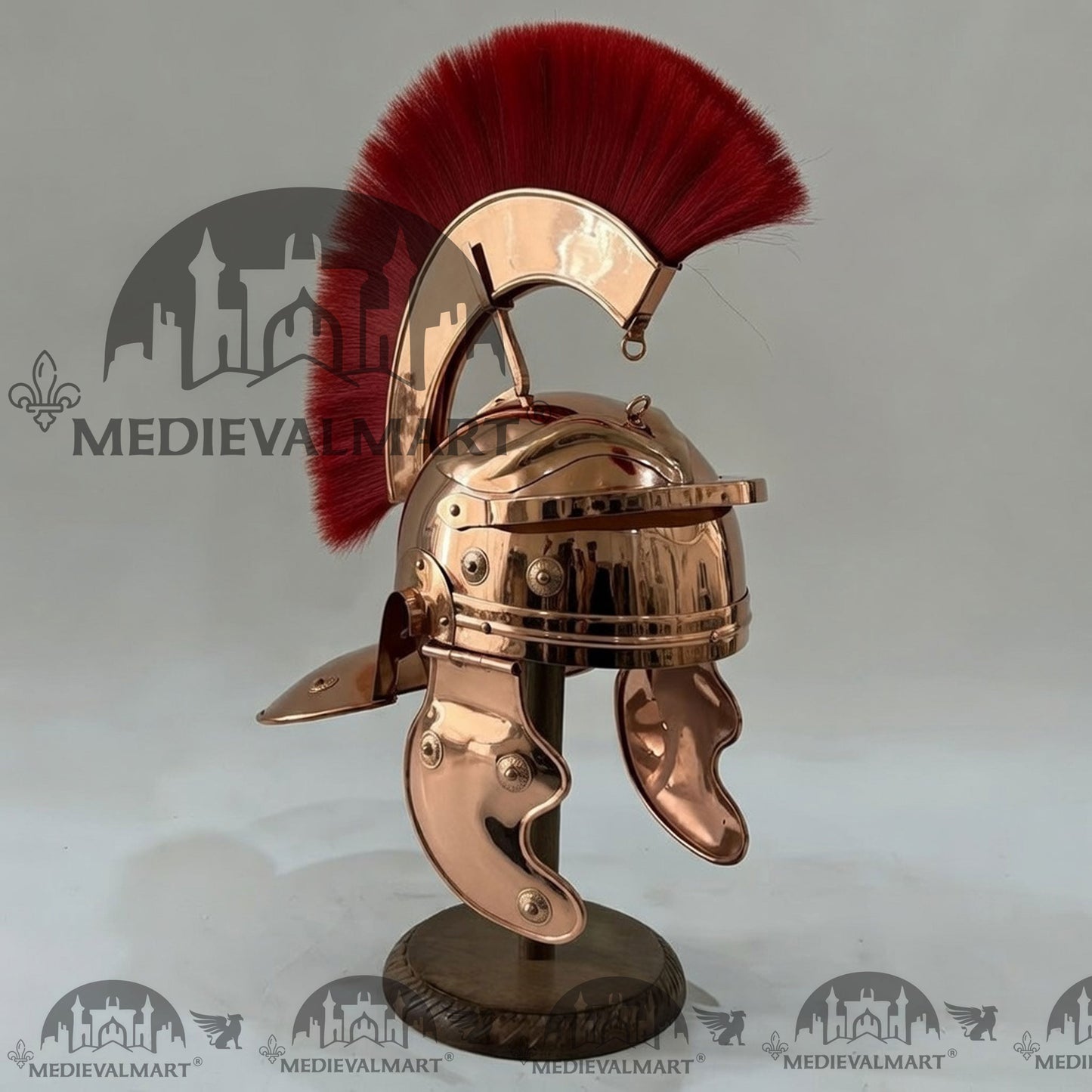 MEDIEVALMART Gallic Roman Centurion Copper Finish Helmet Replica Red Plume with Free Stand