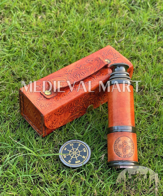 MEDIEVALMART Nautical Spyglass Antique Brass Engraved Telescope W/H Red Leather Case