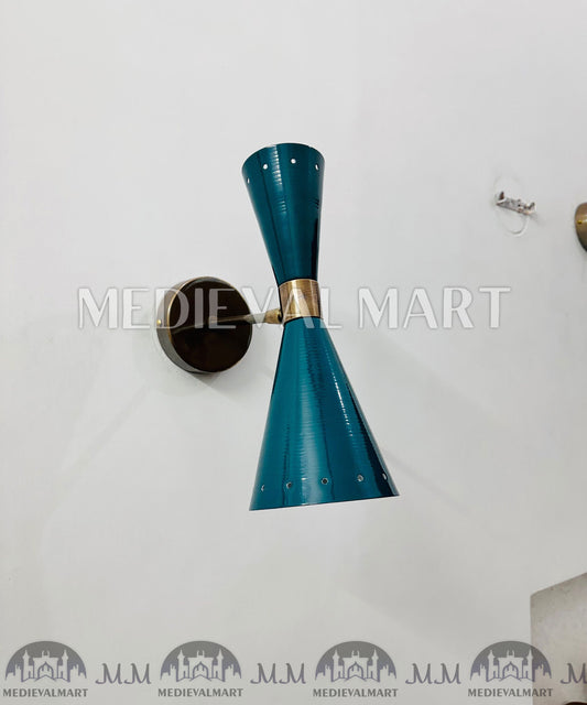 MEDIEVALMART Turquoise Brass Wall Sconce: Mid Century Italian Stilnovo Lighting