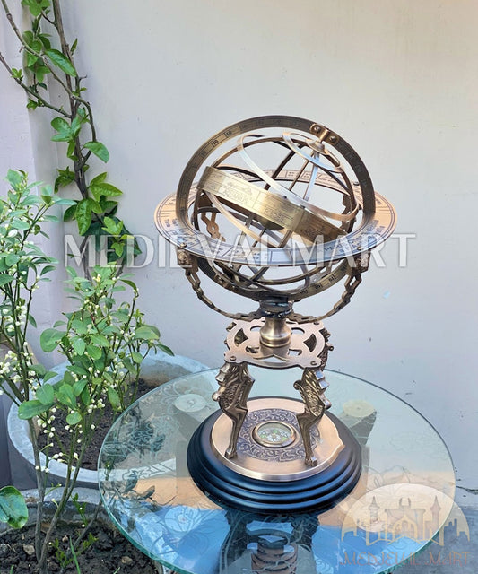 MEDIEVALMART Brass Armillary Sphere Globe: Celestial Navigation Decor with Compass Gift for Mom