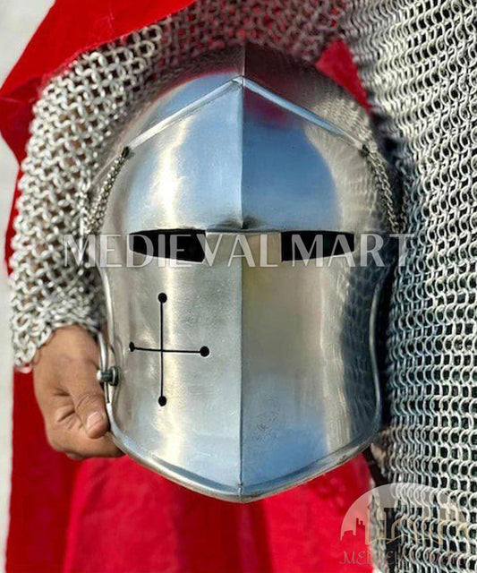 MEDIEVALMART Medieval Knight Armor 18g Mild Steel Silver Barbuta Helmet for LARP or Cosplay - Gift For Dad