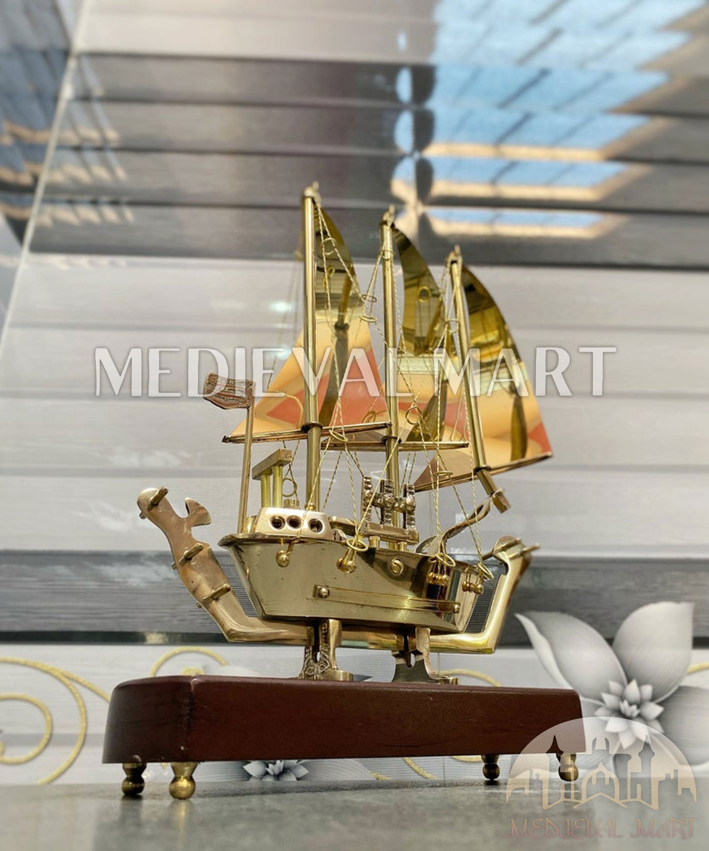 MEDIEVALMART Brass Decorative Ship W/H Wooden Base | Fully Brass Maritime Majesty Handcrafted Ship, Christmas Gifts