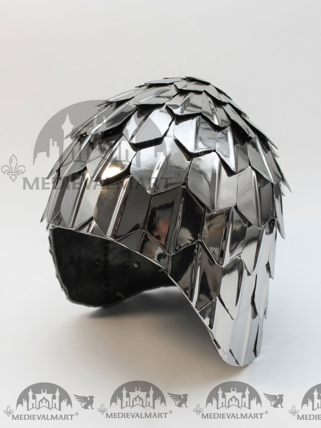 MEDIEVALMART Medieval Historical Scaled Skull Cap Helmet, Shiny Silver Polished Helmet / Best for Reenactment