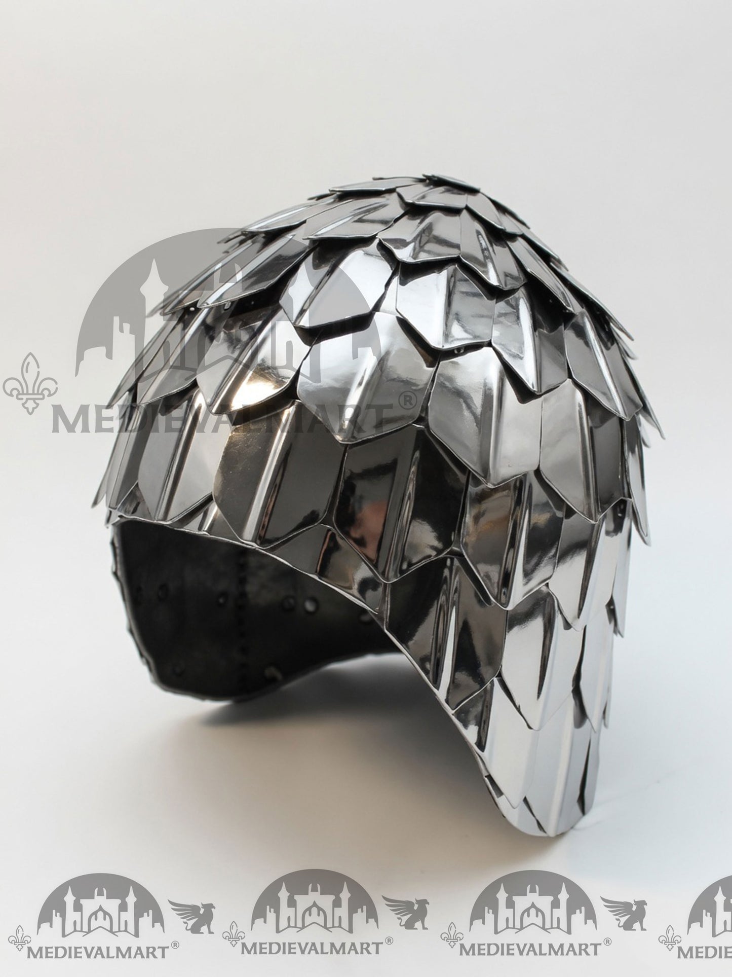 MEDIEVALMART Medieval Historical Scaled Skull Cap Helmet, Shiny Silver Polished Helmet / Best for Reenactment