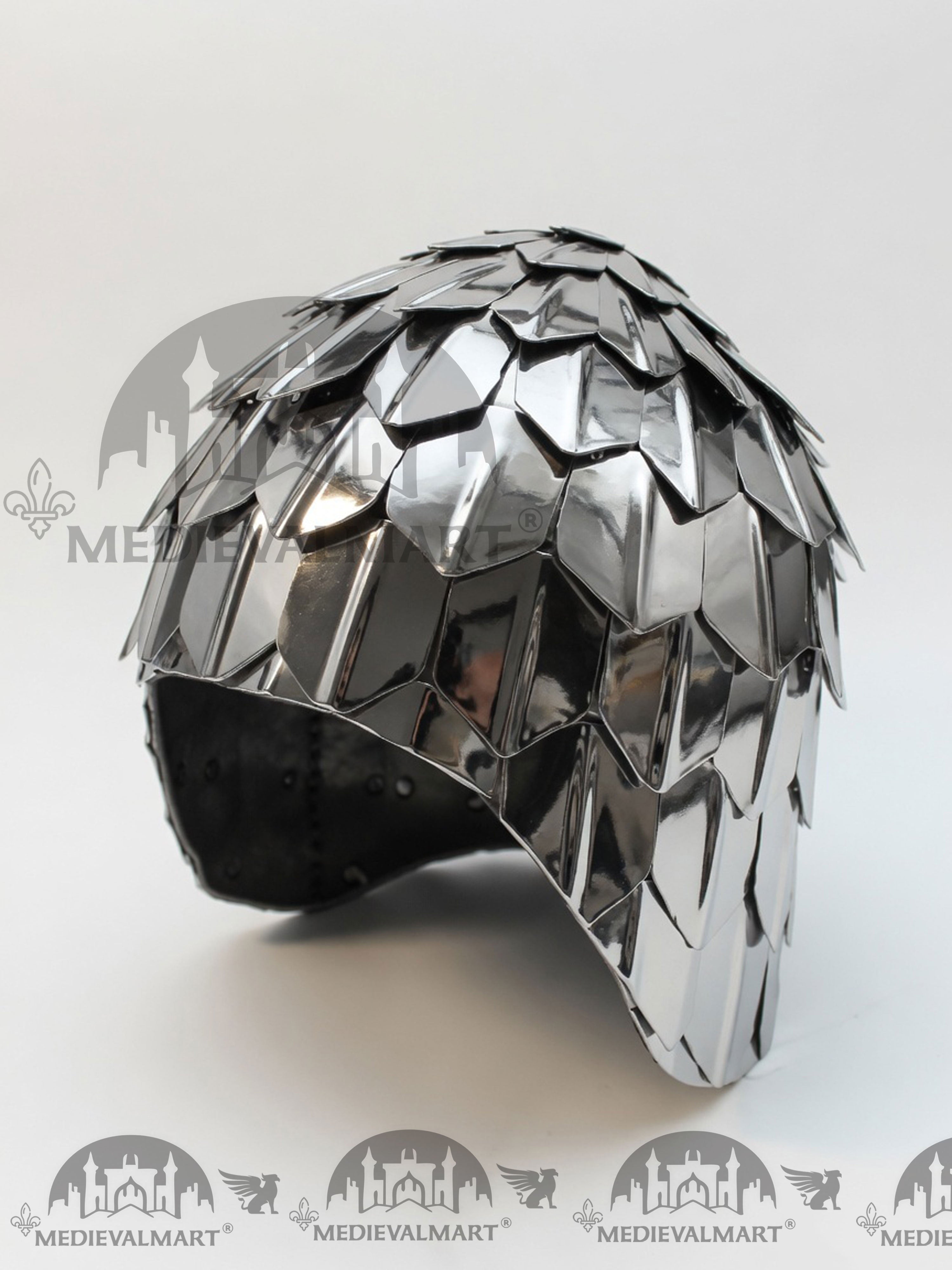 MEDIEVALMART Medieval Historical Scaled Skull Cap Helmet, Shiny Silver Polished Helmet / Best for Reenactment