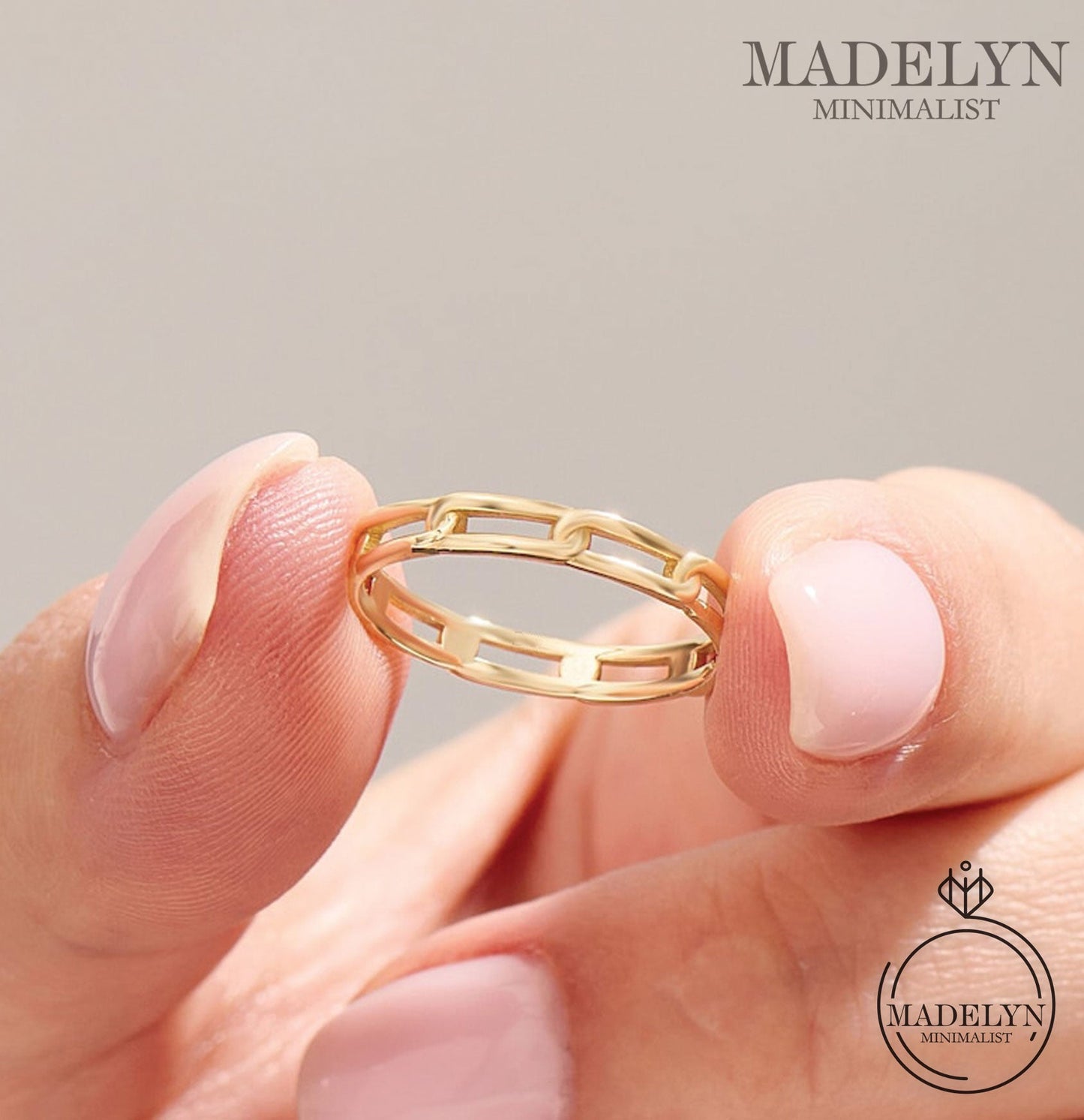 MADELYN MINIMALIST 14k Solid Gold Chained Wedding Band, Handmade Modern Simple Marriage Dainty Ring Women | Gift For Wife