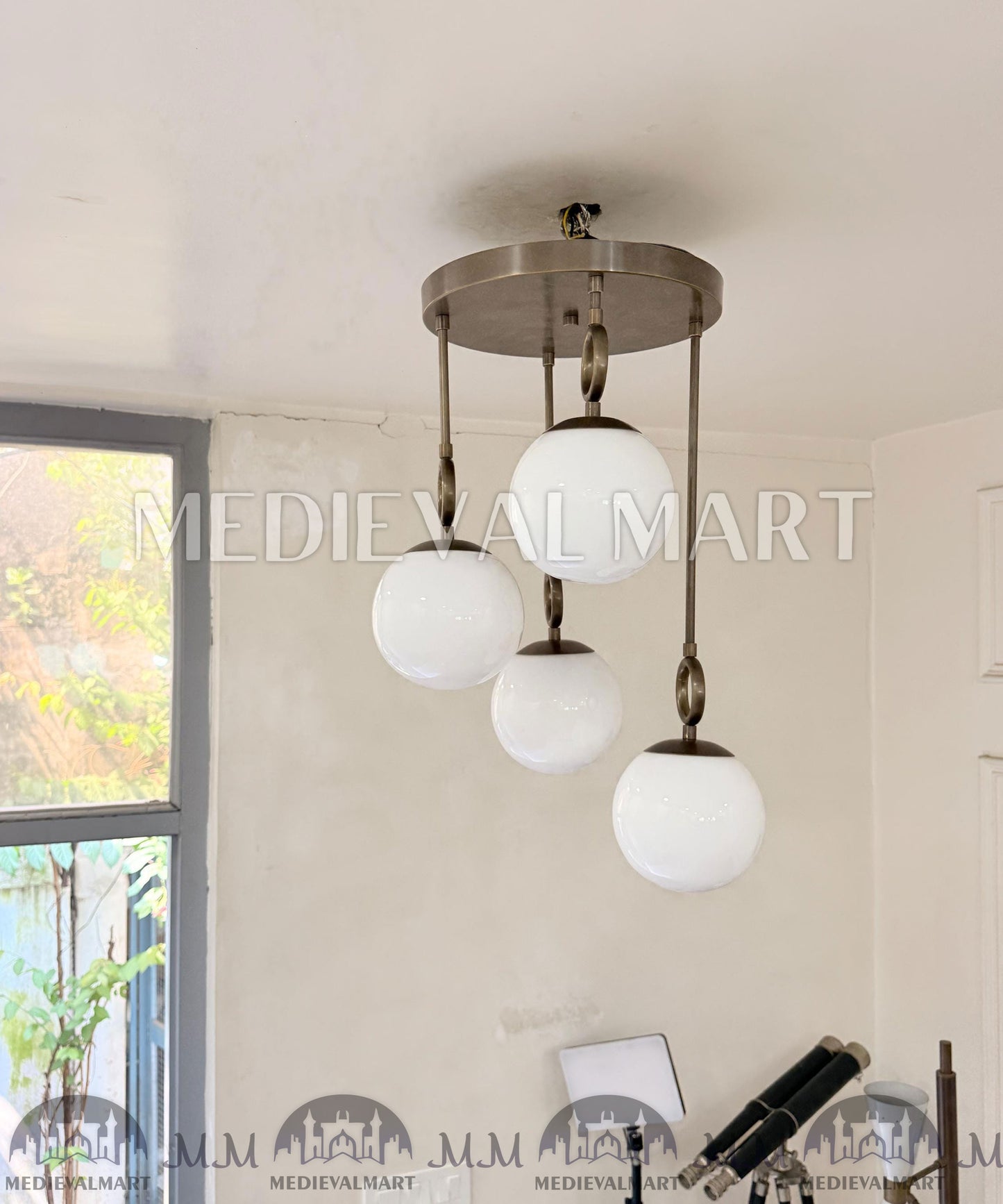 MEDIEVALMART Modern Handcrafted Raw Brass Chandelier | 4 Light Pendant | White Glass Globe Ceiling Light Fixture
