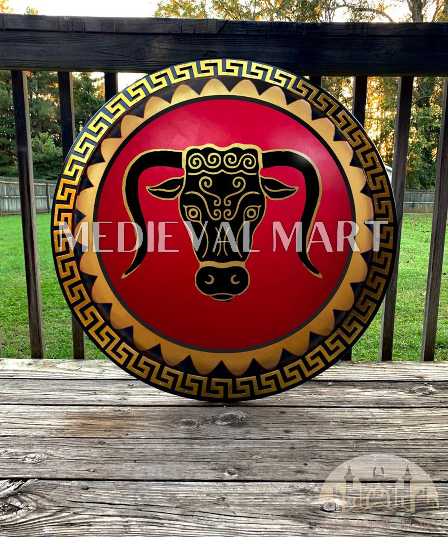 MEDIEVALMART Iconic Brazen Bull Ancient Greek Hoplite Battleworn Metal/Brass Shield | Gifts For Dad