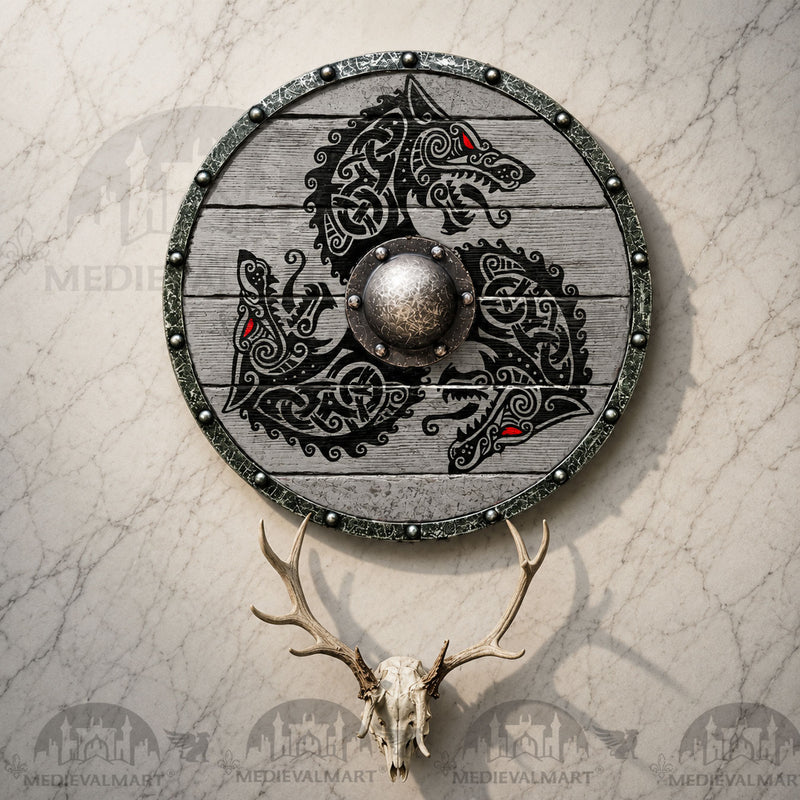 MEDIEVALMART Viking Grey Triple Fenrir of Odin Shield, Gift for Him